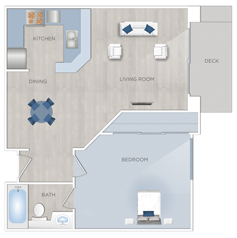 Floor plan for 1 bed, 1 bath, 599 sqft